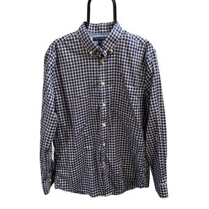 Tommy Hilfiger Mens Large Navy Blue White Gingham Check Classic Fit Cotton Shirt